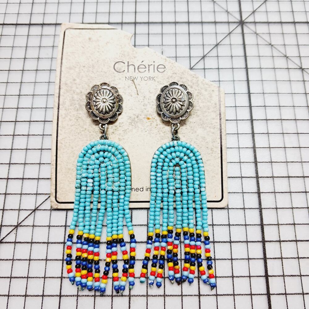 Earrings Pierced Dangle Cherie NY Fringe Turquoise Seed Bead Western NWT Carded